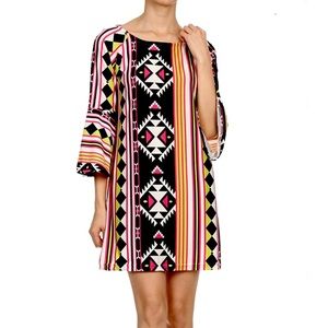 NWOT Coral & Black Geo Shift Dress w/ Bell Sleeves - Size L